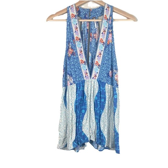 Free People Dream Darlin' Sleeveless Blue Floral Print Tank Top L Boho V-Neck - Picture 2 of 10